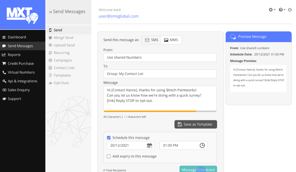 The SMSGlobal MXT "Send Messages" screen composing a scheduled survey SMS to a contact group, with a live message preview and a Schedule this message option.