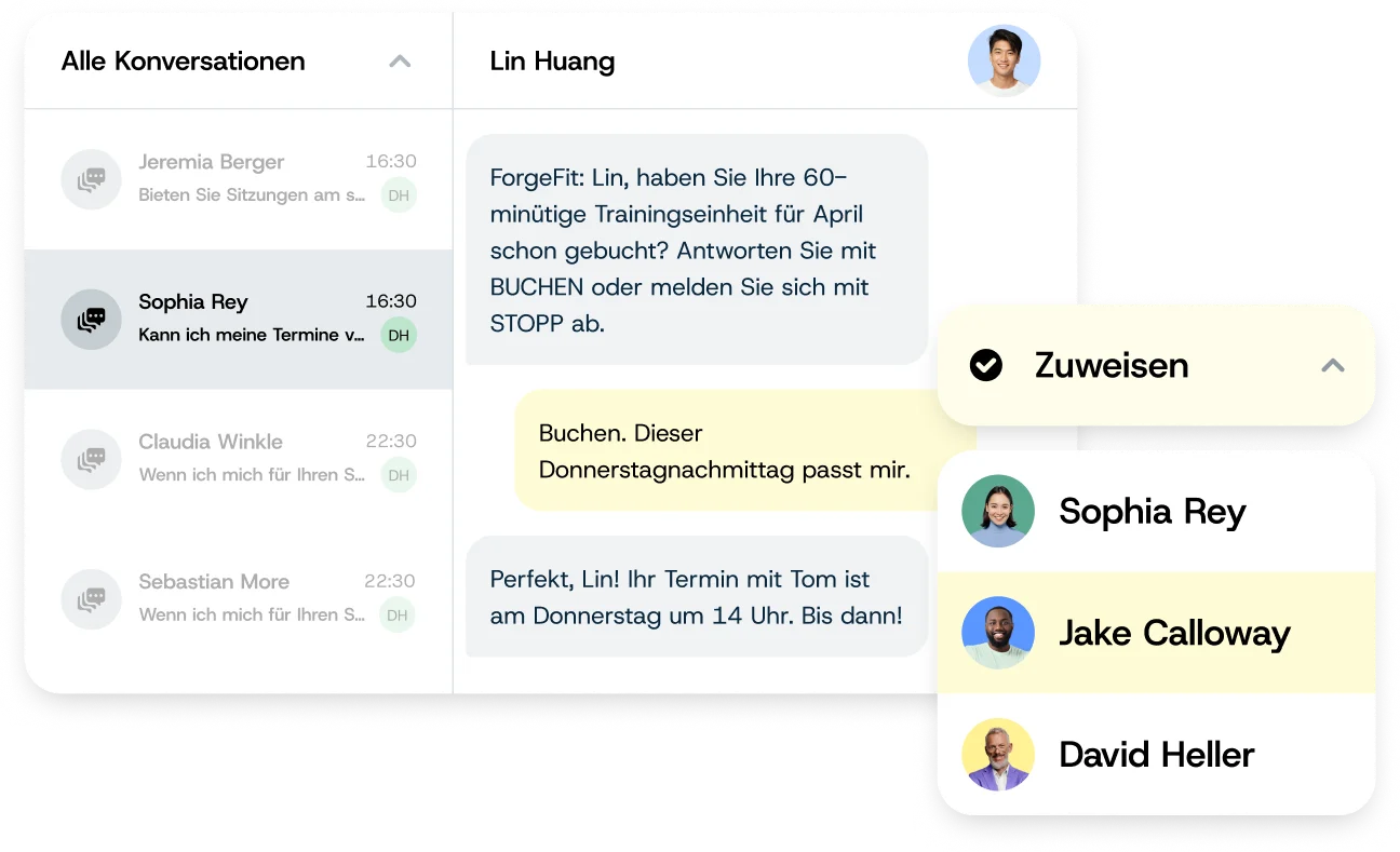 Team-Posteingang für Zwei-Wege-SMS, der eine Kundenkonversation einem Teammitglied zuweist.