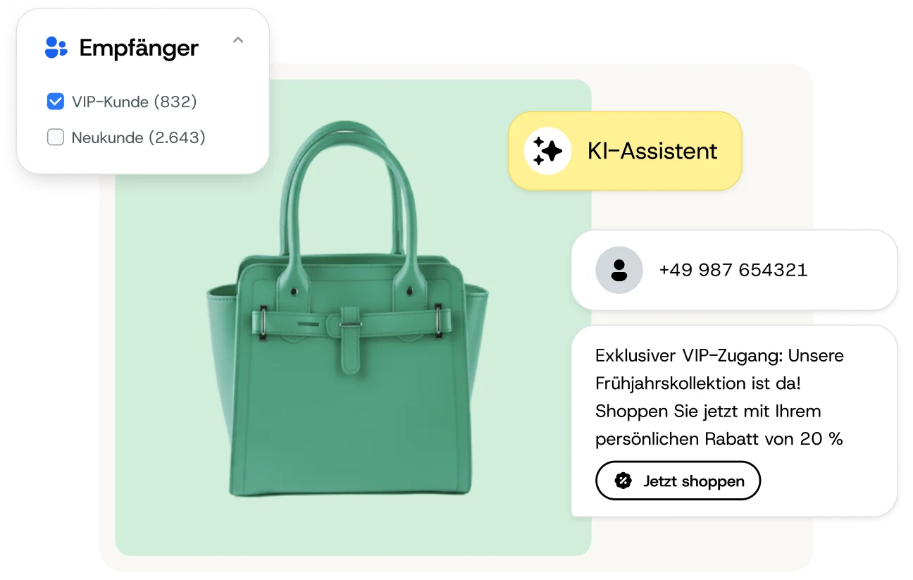 Builder für Rich-MMS-Kampagnen, der ein Produktbild an ein VIP-Kundensegment sendet.