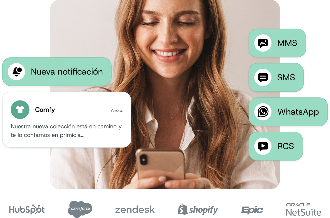 Mujer leyendo una notificación SMS de comercio minorista en su teléfono a través de los canales SMS, MMS, WhatsApp y RCS.