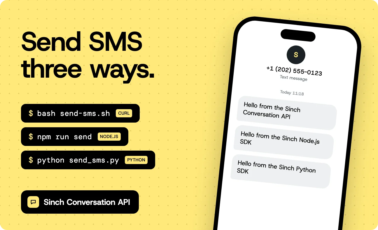 Image for Send SMS with the Sinch Conversation API in curl, Node.js, and Python